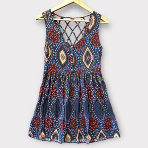 Boho Summer Spring Geometric V Neck Beach Gypsy Mini Forever 21‎ Dress Sz Small